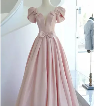 Сладко Розова Бална рокля за парти по случай Рожден Ден, Елегантни Сатенени вечерни рокли, с къси пухкави ръкави, Пищни рокля с лък, Vestidos 2024