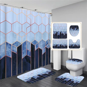 Геометрична завеса за душ Абстрактен Hexagonal Комплект завеси за баня от Мрамор завеса за баня Капак на тоалетната чиния Подложки Нескользящие Килими пътеки