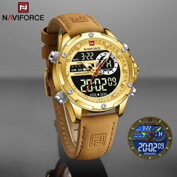 NAVIFORCE Златни Мъжки часовници Бизнес Водоустойчив Светещи Мъжки ръчен часовник С Голям циферблат Кожени Кварцов Мъжки Часовник Relogio Masculino