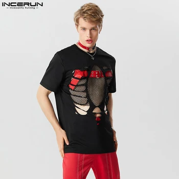 Стилни Върховете в разговорния стил INCERUN, Мъжки Кухи Camiseta с кръгло деколте и Костяным модел, Обикновена Удобни Ризи с къси ръкави S-5XL 2023