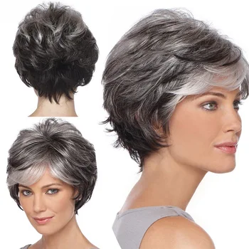 Пухкави сребристо-сиви перуки с къса коса за жени на средна и напреднала възраст от микро-хвърляне на химически влакна с висока температура конци спиралите