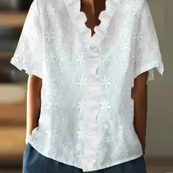 Ежедневни дамски блуза с къс ръкав, пуловер, дамски шик свободни блузи с бродирани цветя, блузи, лятна модна тениска с V-образно деколте и накъдрен