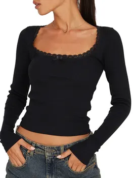 Женска тениска с квадратна деколте и дълъг ръкав, обикновена есенни потник с дантелен завършек, Y2K Фея, эстетичные тениски, градинска облекло