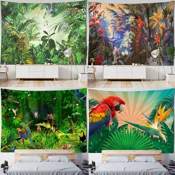 Гоблен с растения и животни, окачена на стената, фантазийная плат с цветовете на джунглата, декоративно одеало, естетическо изкуство, за стая Може да се коригира