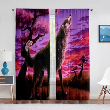 Тюлевые завеса с изображение на горското животно, Вълк, фантазийного небето, за всекидневна, декориране на спалня, кухненски прозорци, прозрачна завеса вуалевая