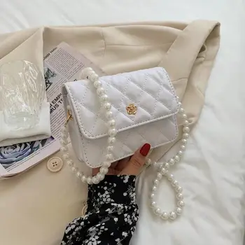 Дамски чанти през рамо в клетка с перлената на веригата и цветя в ключалката, ватирани обикновена чанти за есента на дизайн 2021 г., е универсална чанта през рамо