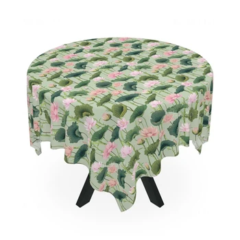 Розов лотос, зелен начало декор акварел цвете декор на кухненската маса кръгла покривка