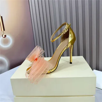 Летни Нови сандали на висок ток от естествена кожа, с отворени пръсти, дамски обувки-лодка с възел Пеперуди, модерен, палав дамски официални обувки 2023