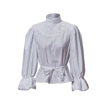 Реколта дълга блуза, завързана с бяло готическата яка и дълъг расклешенным ръкав, готическата викторианската риза с волани за жени, риза в стил эдвардианском