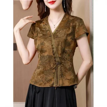 Дамски блузи, топове, лятна новост 2023 Г., коприна плат с бродерия в китайски стил, тениска с V-образно деколте дамски тесни ризи
