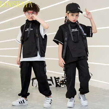 Черна детски дрехи в стил хип-хоп, тениска, топ, тактически панталони, яке без ръкави, жилетки, облекло за джаз танци за момичета и момчета