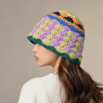 Вязаная шапка в контрастен цвят, ръчно изработени, есенно-зимни дамски клетчатая топла вълнена шапка-кофа за отслабване на лицето