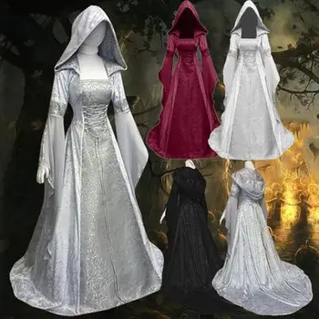 Средновековна Ретро готически hoody с качулка, Дълга пола Вещици, Луксозно секси вечерна рокля, cosplay, костюм на вампир на Хелоуин за възрастни