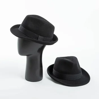 TOMKHU Европейската Американската Есенно-Зимни Нова Мода Ежедневни Проста Мъжки и Дамски Вълна Джаз Шапка с къси полета, Черна шапка