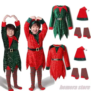 За малки момичета, Коледна премяна за малки момичета, бархатное рокля с дълги ръкави, Шапка, чорапи, калъф за обувки, Набор на Дядо Коледа с елф, Директна доставка