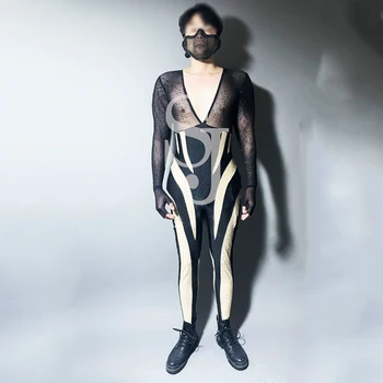 Пълен кристали мрежест гащеризон Секси дрехи за танци на един стълб Muscle Man Нощен клуб с DJ Гого Женски Костюм с рейв облекло XS5976