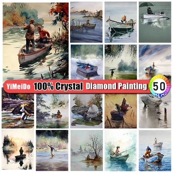 YiMeiDo 100% Картина от кристали и диаманти, риболов, Диамантена бродерия, портрет на мъжете, кристали, комплект за бродерия на кръстат бод, домашен декор
