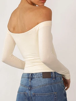 Дамски съкратен върхове с отворени рамене, тънка однотонная риза с дълъг ръкав за пролет-лято