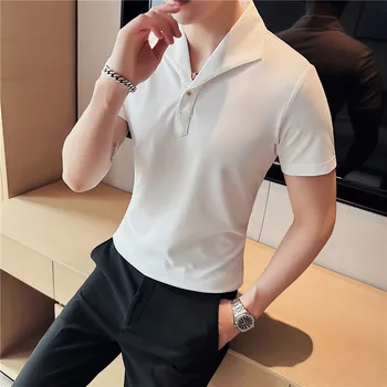 2023 Лятна Мъжка Риза Поло С къс Ръкав Мода Обикновен Бял Обикновен Всекидневен на Ревера Приталенная Официална Мъжка Риза с къси ръкави Homme Streetwear