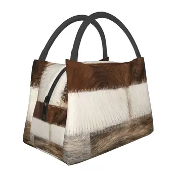 Модерен декор от телешка кожа, ленти, термоизолированная чанта за обяд, кожена чанта за обяд от козината на животното, за къмпинг, за пътуване, кутия за храна