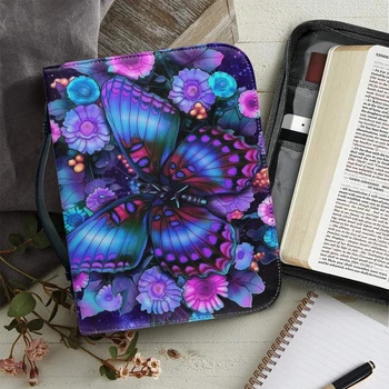 Цветни художествени калъф-Библията с принтом пеперуди за женски кожени чанти с дръжка, цип, Книга за изучаване на Библията, Свещената кутия за съхранение