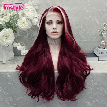 Imstyle Тъмно-червена перука С отделянето на Бяла Перука от Синтетична перука, Завързана Отпред Дълги Вълнообразни Перука За жени от устойчиви на топлина влакна Cosplay Перука