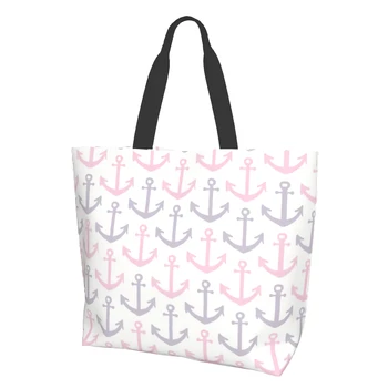 Розово-лилави морски котви, холщовая чанта в скандинавски стил за жени, кухненски чанти за уикенда, хранителни чанти на едро, големи ежедневни