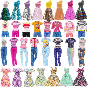 10 Комплекта Кукольной Дрехи, включително и 3 Рокли с пайети, 3 Модни Рокли с цветен Модел, 4 Ежедневни Облекло, Блузи и Панталони за Момичета 11,5 инча.