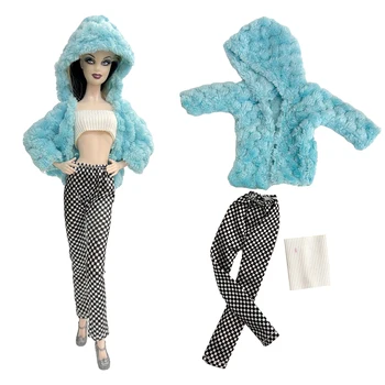 Модерен комплект дрехи за кукли 1/6 за Барби, синьо палто, бял топ, дълги панталони, панталони 11,5 