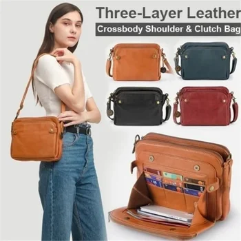 3-Слойная кожена чанта през рамо, жените bag-чанта с слой с цип, чантата е от изкуствена кожа, дамски чанта с няколко слота за самоличност