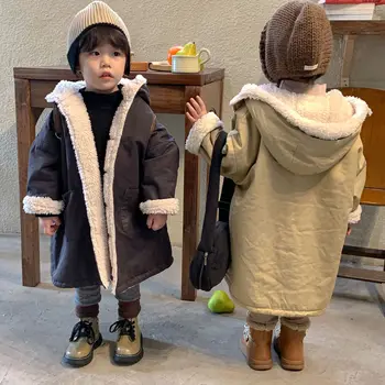 Зимните однобортные якета с качулка за малки момичета и момчета на руното лигавицата, дълги якета, ветровка за ученици, детско палто от 1 до 12 години
