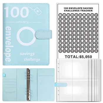 Папка 100 пликове за спестяване на пари Challenge, папка за спестяване на пари формат А5 с конвертами за брой за планиране и спестяване син цвят