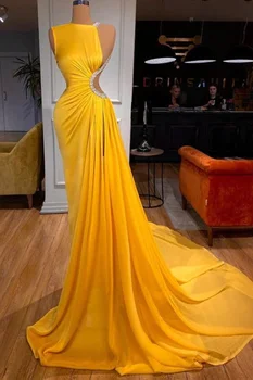 Жълто Секси рокля за абитуриентски, вечерни дрехи за партита, рокли с дълъг влак, без ръкави, без табли, Специален дизайн, направен по поръчка Празнични рокли
